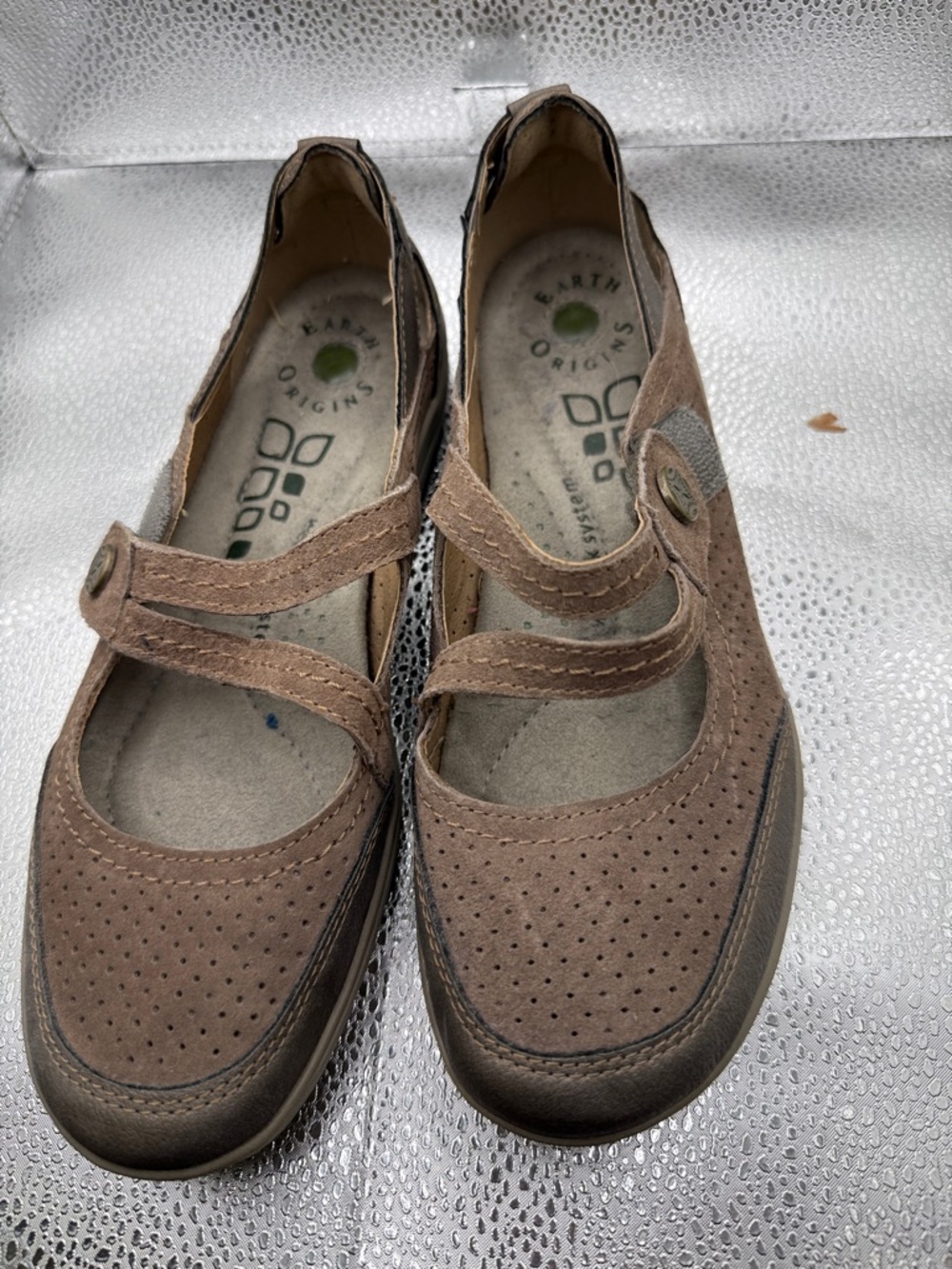 Earth Origins Taupe Mary Jane Perforated Suede Flats